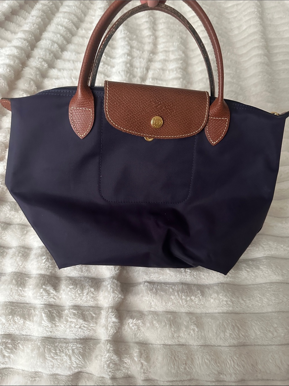 Longchamp Deep purple/plum  Tote with Brown Leather Trim